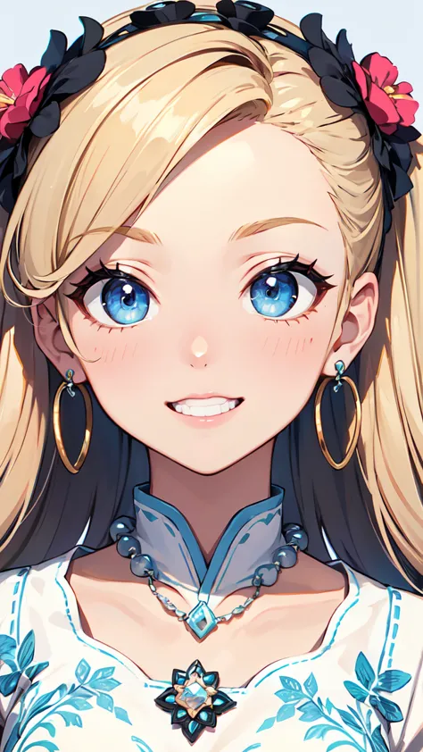  blonde perm、ponytails for beautiful people、blue eyes、white tunic with colorful flower embroidery、black 3/4 length cropped pants、white high heels。Tiny Swinging Earrings、beaded necklace smile、Close-up of face。laughs。cute pose。Put your whole body into。cute p...