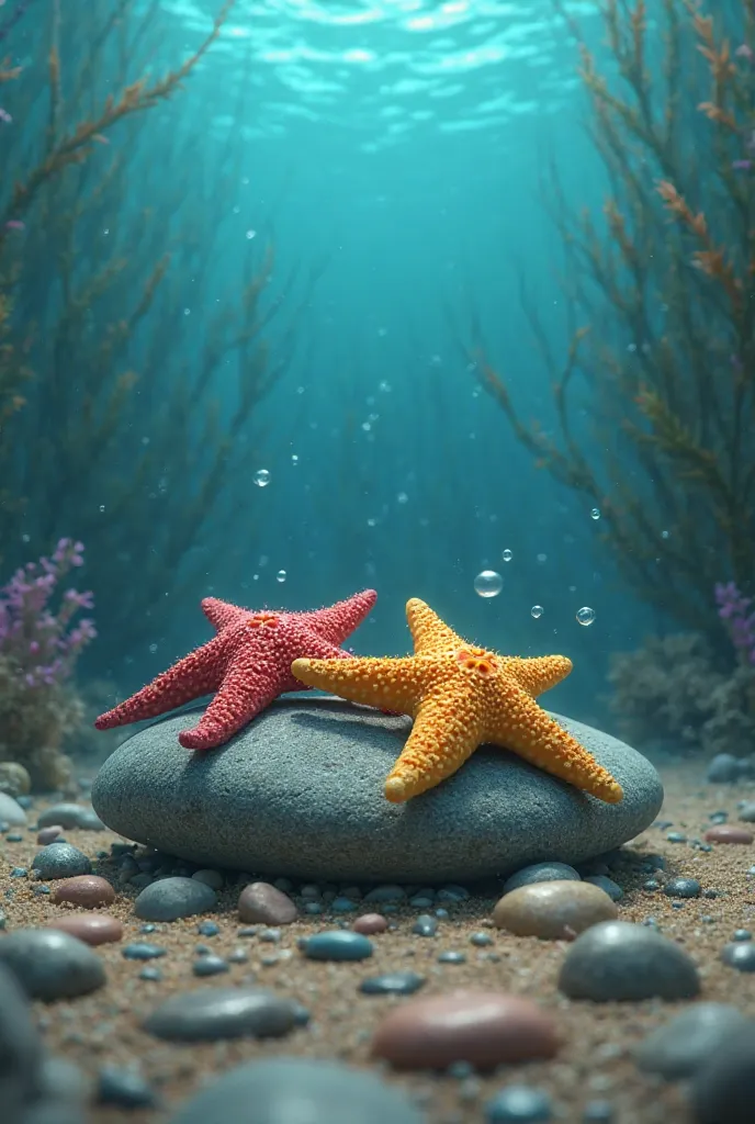 Create two starfish on top of a pebble at the bottom of the sea