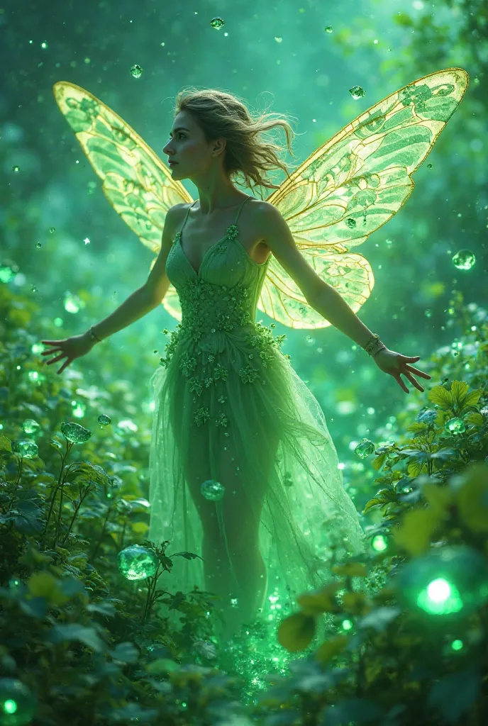 The background is studded with green gemstones、The beautiful Fairy is in the center、Transparency、gorgeous