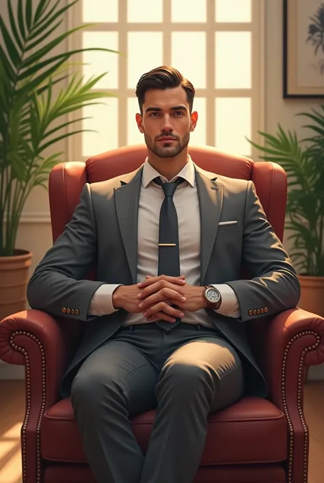 Handsome man, sitting on King size chair, wearing whitr shirt with gray tie, gray pants and gray blazer, straigjt cutted mid size hair, indoors, hard face, plants in background, window with sunlight, cozy room, Proudabale pose, realistic, intricate details...