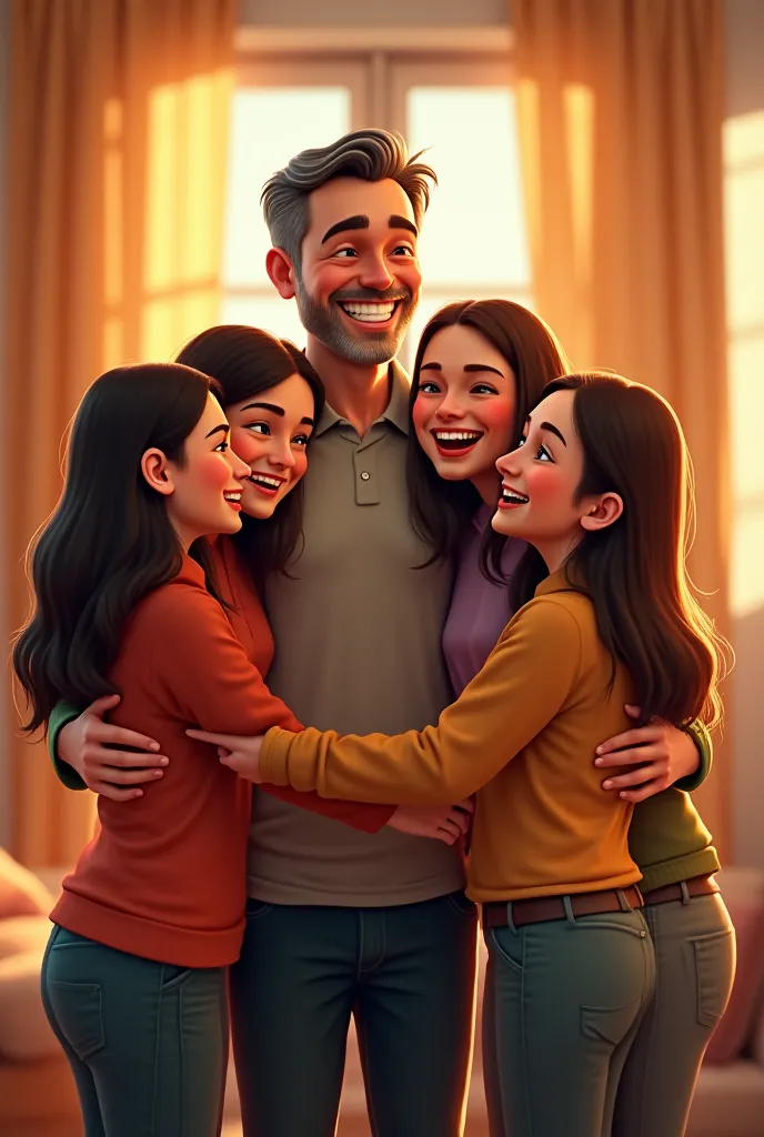 A lively man greeting his 5 daughters