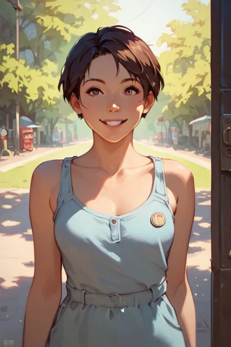 score_9, score_8_up, score_7_up，nsfw，uncorrected，1 girl, Low body，smile, Alone, , short hair, Mid-chest, bungs, parted lips,  curve, casual clothes, Detailed Outfit, fine skin texture, illustration for both eyes,