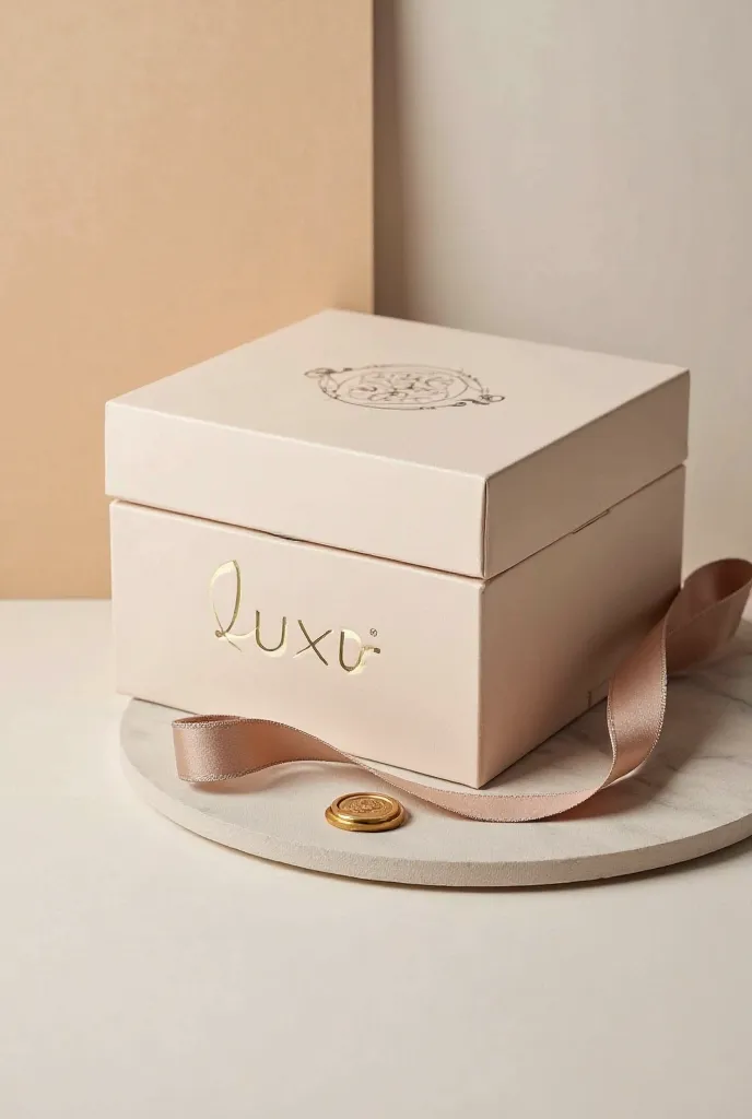 A sleek, matte-finished box in warm beige with ample white space.
The 'Lumina Luxe' logo is elegantly embossed in brushed gold on the front.
Subtle accents in taupe and soft grays are integrated into the design.
Additional luxurious details include a satin...