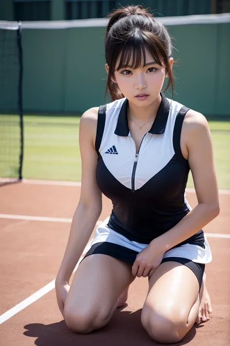 Arafed Asian woman in tennis uniform, kneeling on the court, sexy pose, beautiful Korean woman in tennis uniform, Korean woman in short tennis skirt, Japanese woman with pigtails, beautiful young Korean woman, realistic young Korean woman, Japanese model, ...