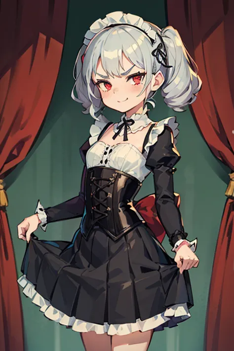 Young girl with gray hair, ((curly and fringed hair)),((short curly pigtails)), curly hair ,(red eyes),((small bushy eyebrows)), wearing gothic lolita clothes, wide and loose lolitagotic decorative sleeves for the arms, corset with red threads, pleated mai...