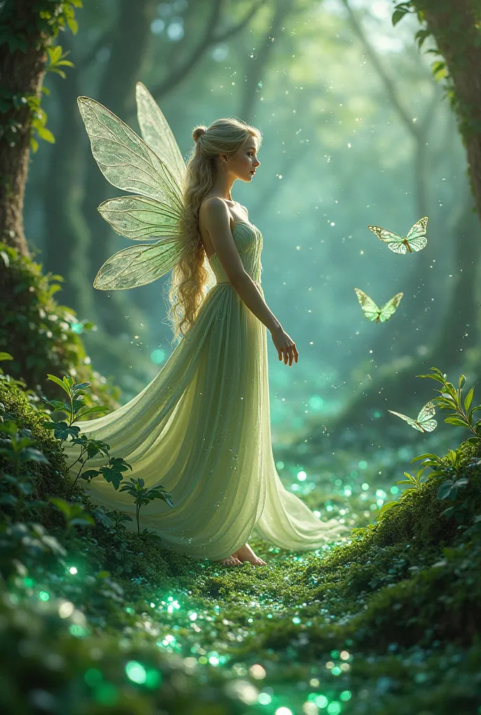 The background is studded with green gemstones、The beautiful Fairy is in the center、The profile is beautiful、Transparency、gorgeous、Butterflies made of jewels are flying around、