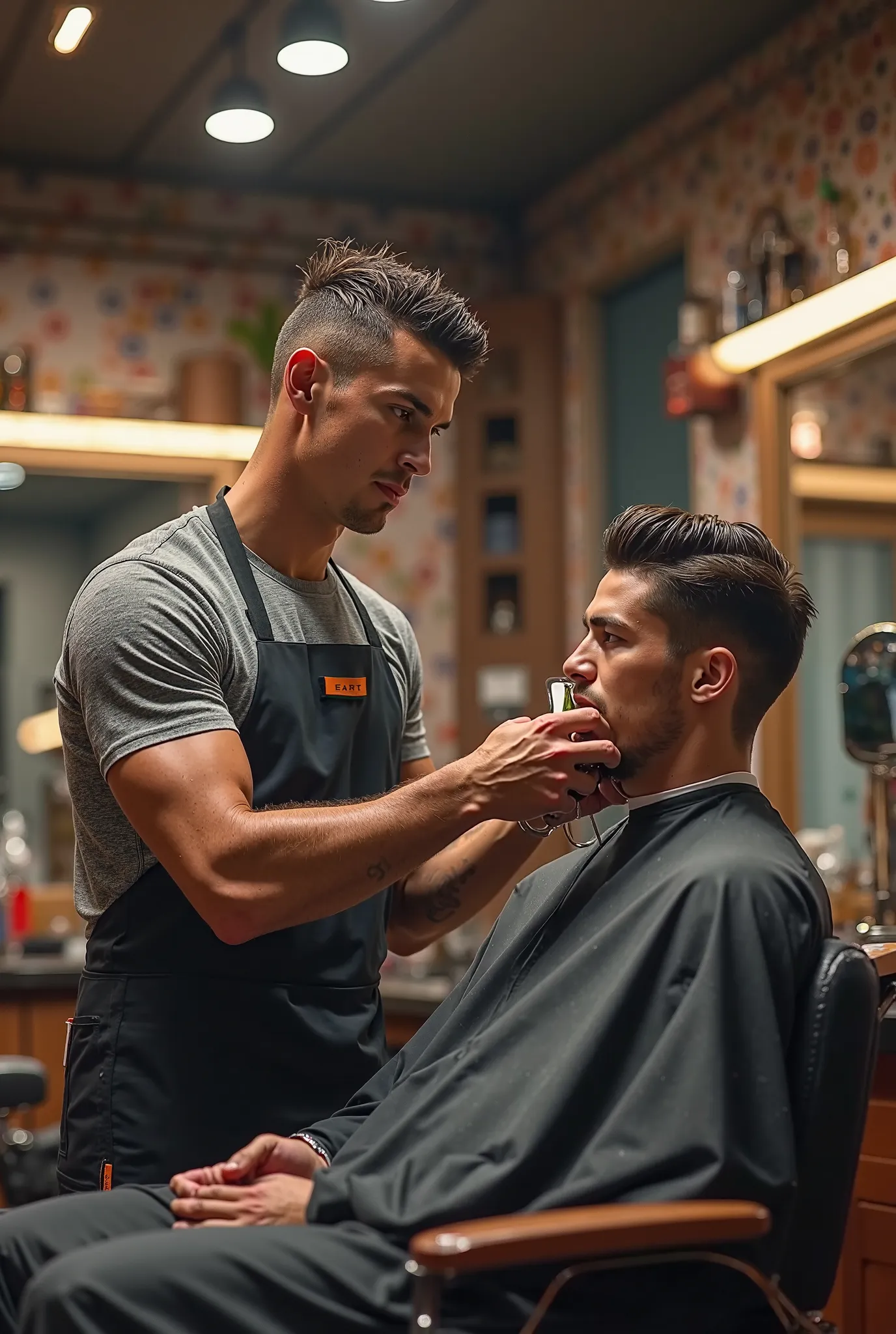 cristiano ronaldo is cutting hair of the customers