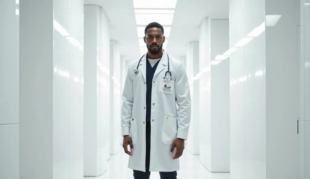 A STRONG AND BLACK MAN DOCTOR IN ONLY WHITE OVERALL COAT, HIS APPS ARE SEEING CLEARLY 