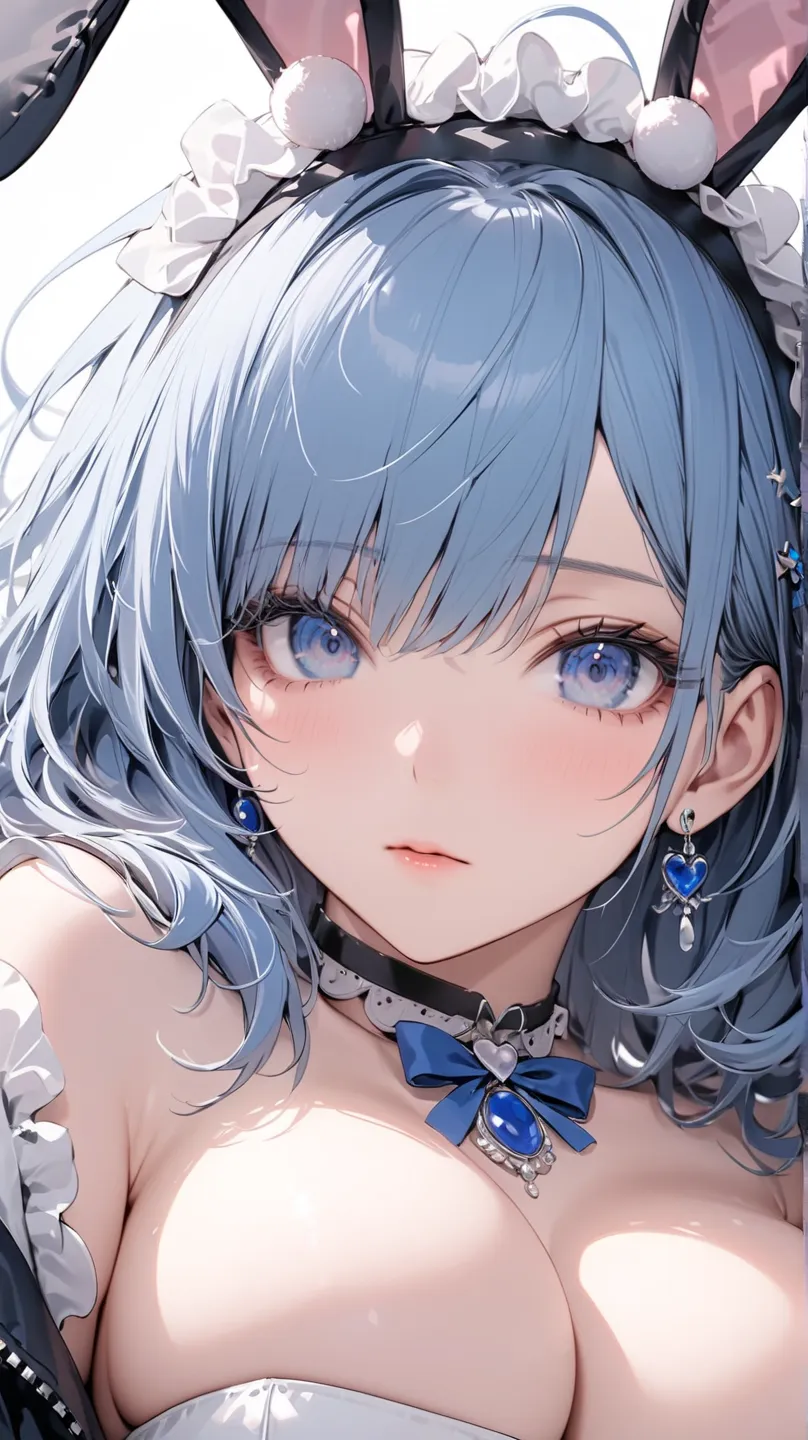 8K resolution, masterpiece, master work, perfect proportion, semi-realistic, 1 woman, cold blue, mad blue hair, big breasts, breasts apart:1.2, extreme close-up:1.2, broken bunny suits, bunny girl, formal jacket, no face, only breasts