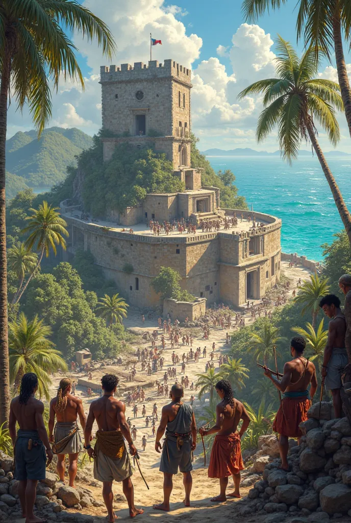 The beginning of colonization: A European fortress under construction on a Caribbean island, with indigenous and European workers collaborating (or being forced) into building.
