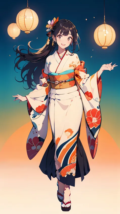 ( SeaArt is、 creates a wonderful illustration of a beautiful woman wearing a kimono)、Vividly colored Ukiyo-e style illustrations、 beautiful woman is smiling and showing white teeth 、 long brownish black hair 、Beautiful full body style、Let me&#39; Let's dan...