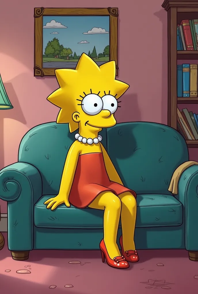 Lisa Simpson sitting cross-legged on the couch wearing high heels normal eyes 