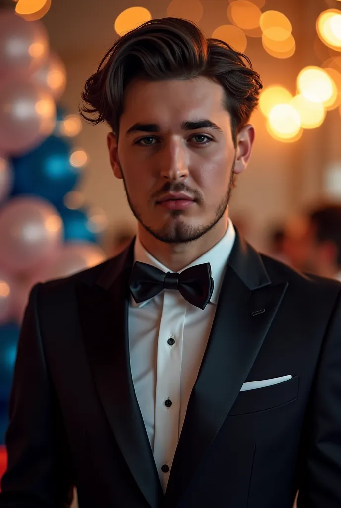    is beautiful and attractive young and very attractive,  with a beard and white skin   ,    with blue eyes and brown hair up to the shoulders  ,   wearing a black suit,  celebrating his birthday   