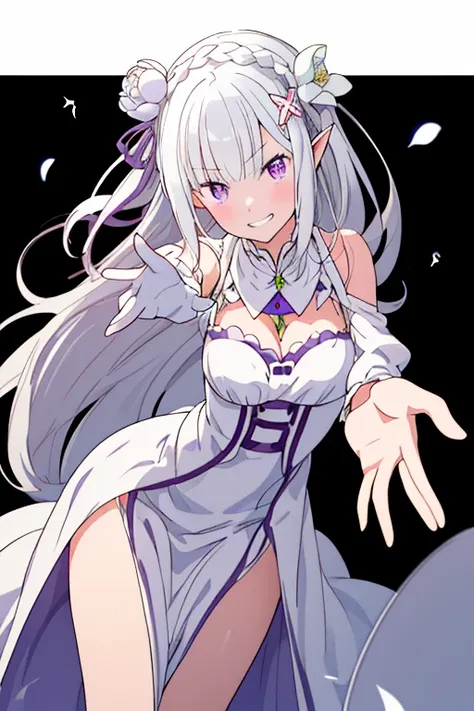 (masterpiece:1.2), (best quality:1.2), newest, intricate details, perfect anatomy, 1girl:1.2, (emilia (re:zero):1.2), ((plain white wedding dress:1.1, long dress:1.2, off-shoulder dress:1.5, sleeveless:1.3, front slit:1.3, torn dress skirt:1.4, white elbow...