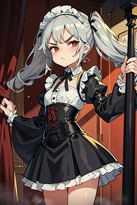 Young girl with gray hair, ((curly and fringed hair)),((short curly pigtails)), curly hair ,(red eyes),((small bushy eyebrows)), wearing gothic lolita clothing, wide loose lolitagotic decorative arm sleeves, corset with red threads, pleated maid's skirt, s...