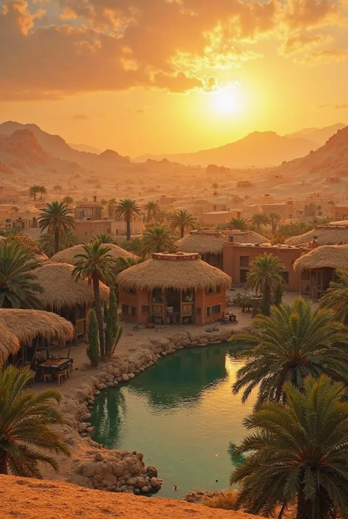 as the sun sets to the west, the troupe sees a small village appear in the middle of the desert as a green oasis. The roofs covered with hay and clay rise around a small lake, shady palm trees and date trees.

