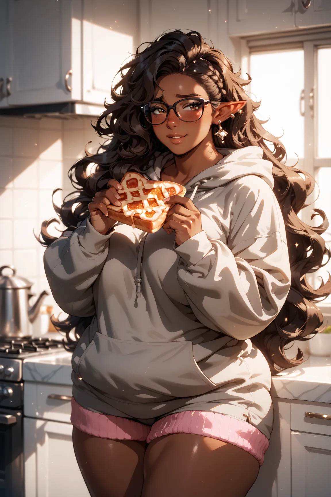 [1 woman who is sexy, curvy, plus sized, chunky, chubby, FAT, PLUS-SIZED, tan skin, VERY LONG HAIR dark brown curly hair, dark brown eyes, FRECKLES black glasses, elf ears] [flustered, shy, blushing, shy, half-lidded eyes, happy, looking at viewer shyly] [...