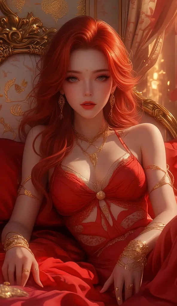 a naked woman, Red hair wavy logos, blue eyes, with gold accessories, bold and sexy, Sitting on the red bed,  with a penetrating look, Golden room
Creation type