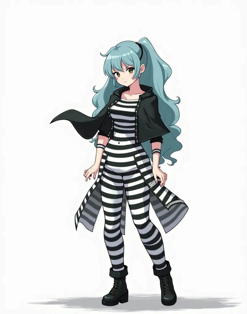 黒と白のストライプの prisoner uniformの詳細 - 全体的な配色には黒と白の強いコントラストがあります - 縦縞模様が特徴的です - 太い黒と白のラインが印象的です - 首の周り、Cuff、 has stripes on the hem of the pants .   There are stripes on pockets and other decorative parts  .  The tight silhouette emphasizes women's curves .  Whi...