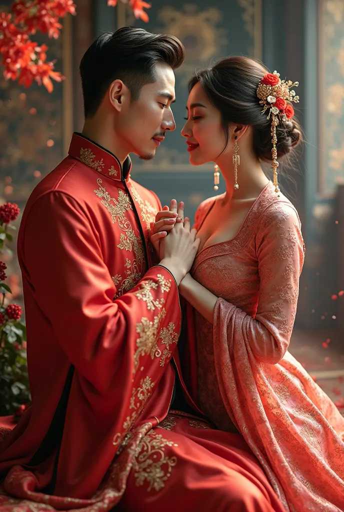 Handsome man wearing a red Chinese dress with short hair sitting on a chair in the hall holding hands of a pretty girl wearing a beautiful Chinese dress