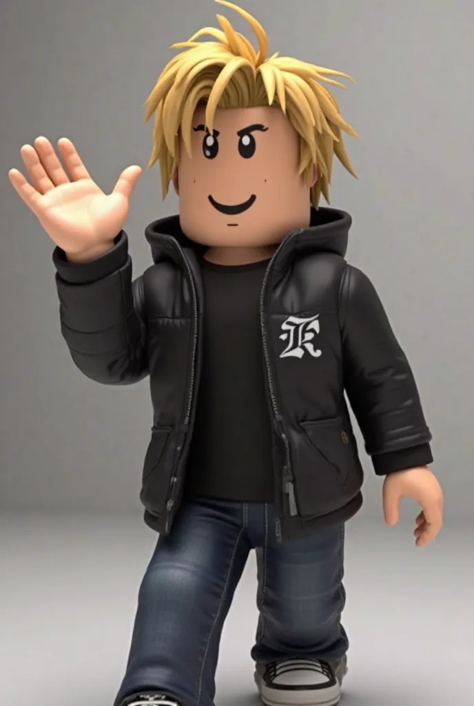 Who made a roblox character in a black jacket, wears an ash ash shirt ,blond,  female ,add running animations like in roblox world,turn his body into a roblox body,more like a roblox character,black-eyed , waving 

