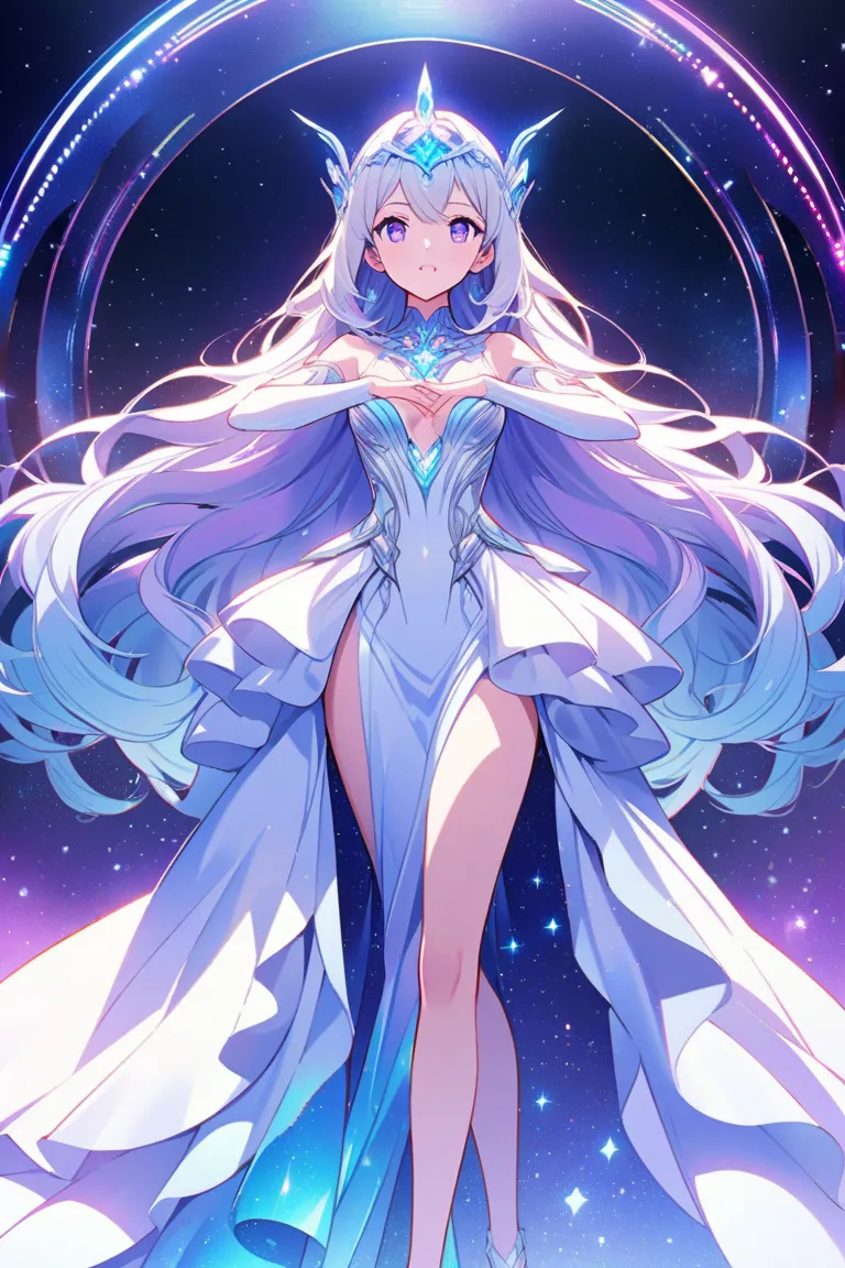 Create an illustration of a singing diva in a space opera setting, using a cel-shaded anime style with a limited 16-color palette. The diva is a graceful and ethereal figure with long, flowing hair (e.g., silver, blue, or purple) and a radiant, captivating...