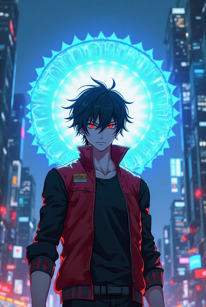  male anime character , black hair and red eyes ,wearing a black shirt and a red vest standing up in front of a blue portal in the middle of the city of Tokyo