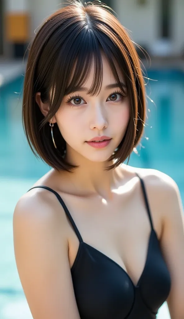 real image like the photo、８ｋ、school pool、background、 gentle droopy eyes、woman with an innocent expression that leaves a girl vibe、 black hair、short hair、Bob、 blue eyeshadow、Cheek、lipstick、mascara、eyebrow、black competitive swimsuit、Full Body Accessories、