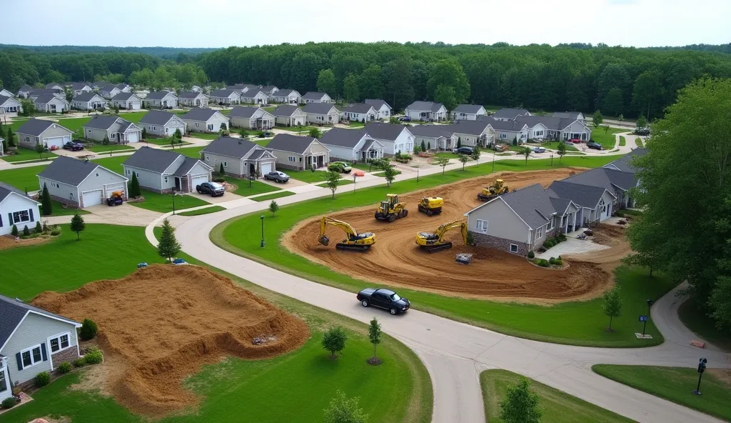 A suburban neighborhood in the process of development, with rows of identical single-story houses lined up horizontally, facing the camera, surrounded by lush green lawns. In the foreground, several excavators and bulldozers are hard at work, digging and p...