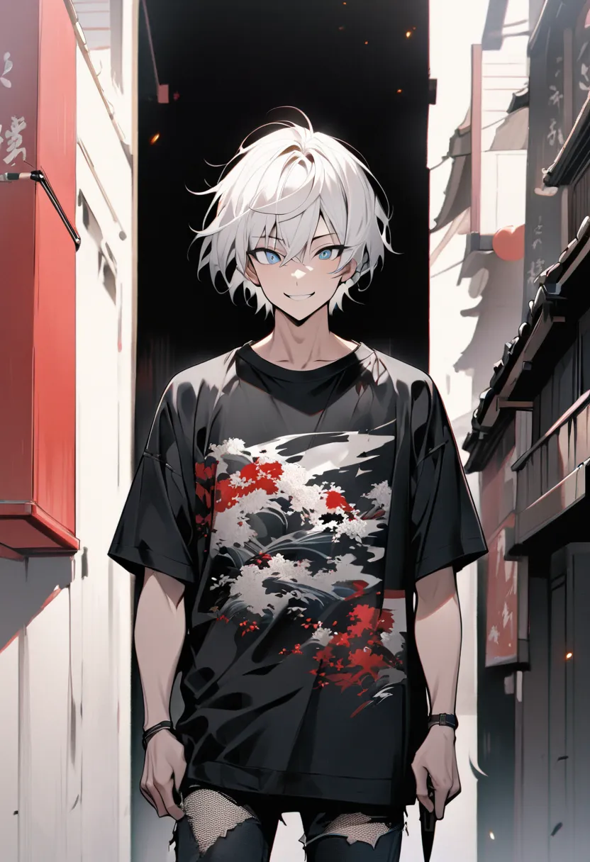 {{masterpiece、attention to detail, perfect eyes}}、((white black、from front, cowboy shot、eye level shot of Japan、Solo Shot))1 man、 white hair、black mesh hair、 multicolor hair 、smile、plain simple black t-shirt、Damaged Jeans、 holding a knife