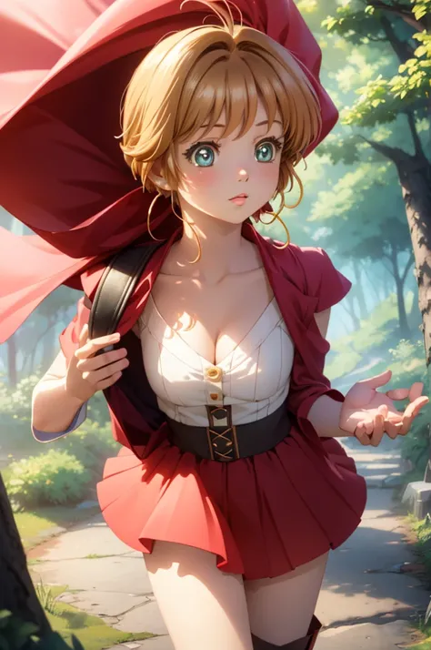 A beautiful girl in a red cape walking in a forest, anime girl, 1 girl, Kinomoto Sakura, (20 years old girl), (aged up), forest, wolf, (wolf in background), dynamic angle, bright eyes, (realistic eyes: 1.2), (beautiful eyes: 1.2), glossy lips, parted lips,...