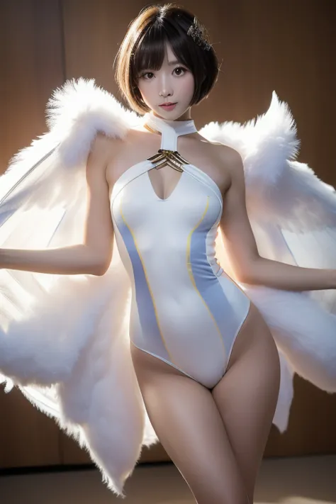 (((((masterpiece))))、((   Unity 8K Wallpaper   、  cinematic light  、 Super Detail、 Top Quality)) 、《Super short cut hair：1.2》、 Android adult woman with fair skin and very beautiful skin、 with bee wings growing on the back  、 Hi-leg Leotard Armor with Black ...