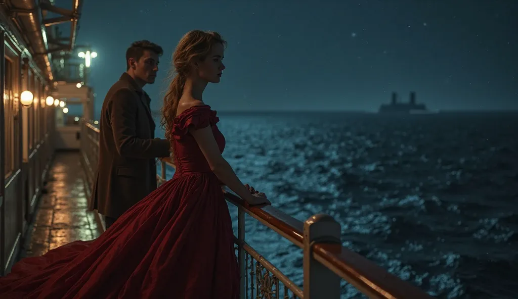 "At midnight, Rose DeWitt Bukater stands at the stern of the Titanic, gripping the railing with pale hands. Her deep red evening gown flutters violently in the cold wind. Her teary eyes stare at the dark, endless ocean below. Jack Dawson, in his worn brown...