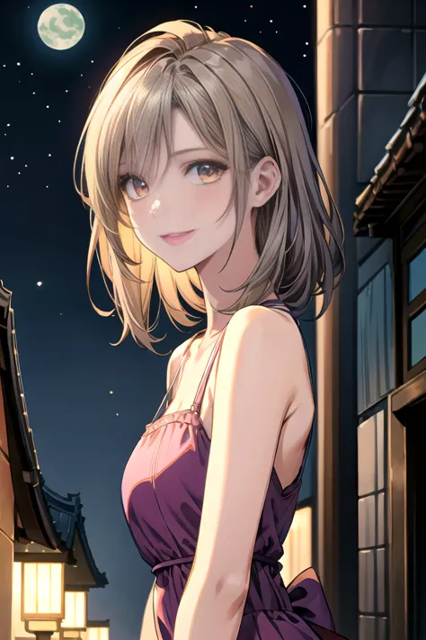 (masterpiece, best quality, high image quality, 8k), 1 girl, brown eyes, pink lips,  silver blonde medium hair, Perfect face , perfect style, Shift dress, pink dress ,  please have a gentle smile ,  detailed illustration art, Night Sky, starry sky, A gorge...