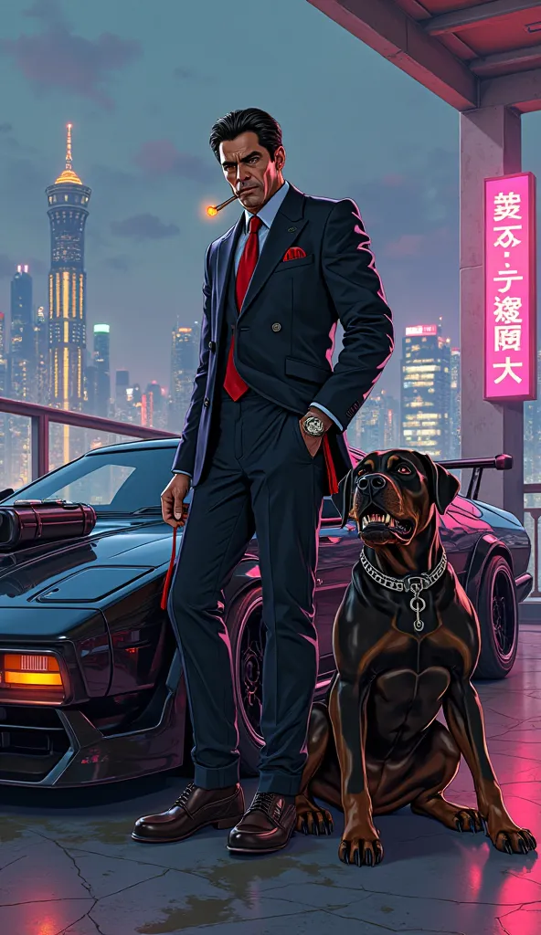 A futuristic cyborg mafioso, a Genovese family Capo Regime in 2077, stands with unshakable authority on the rooftop penthouse of a cyberpunk high-rise, reminiscent of Yorinobu Arasaka’s residence. The luxurious setting fuses old-world prestige with cyberpu...