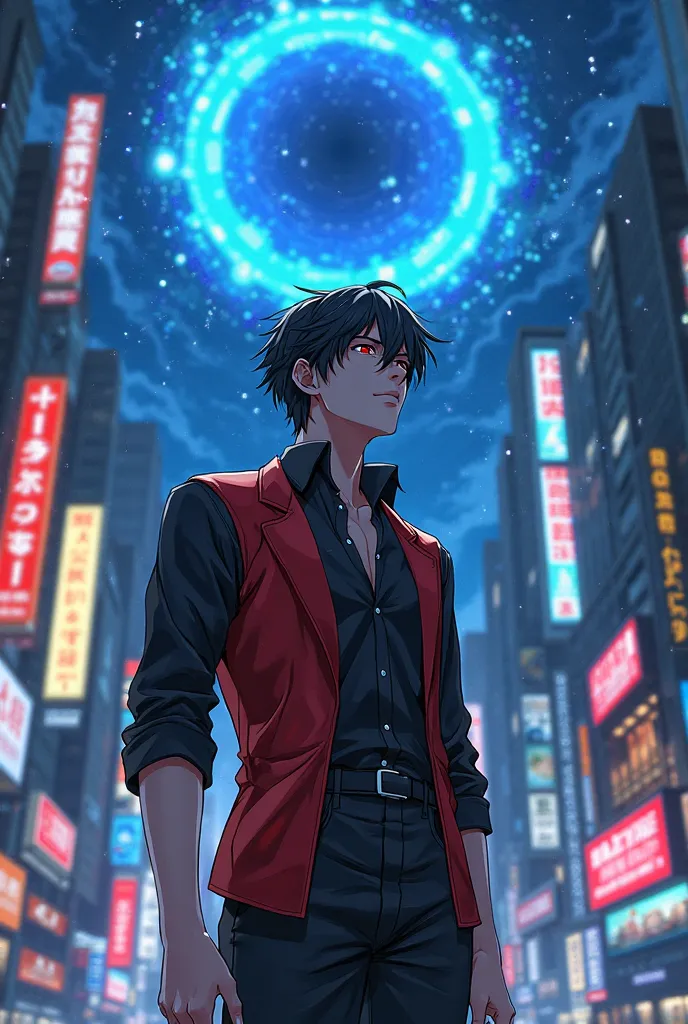  male anime character , black hair and red eyes ,wearing a black shirt and a red vest looking up at a blue portal in the middle of the city of Tokyo