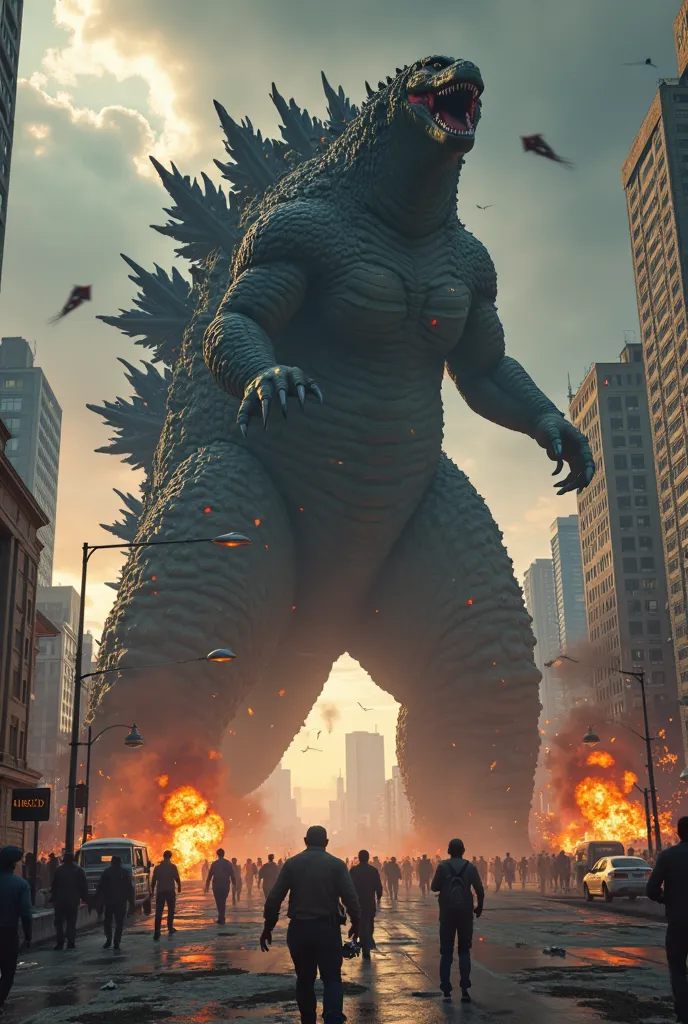 A massive Godzilla appears in Los Santos city (GTA V), shaking the ground with its enormous footsteps. Skyscrapers are trembling, explosions erupt as cars fly in the air. People are running in panic, shouting for help. The sky is dark, filled with smoke an...