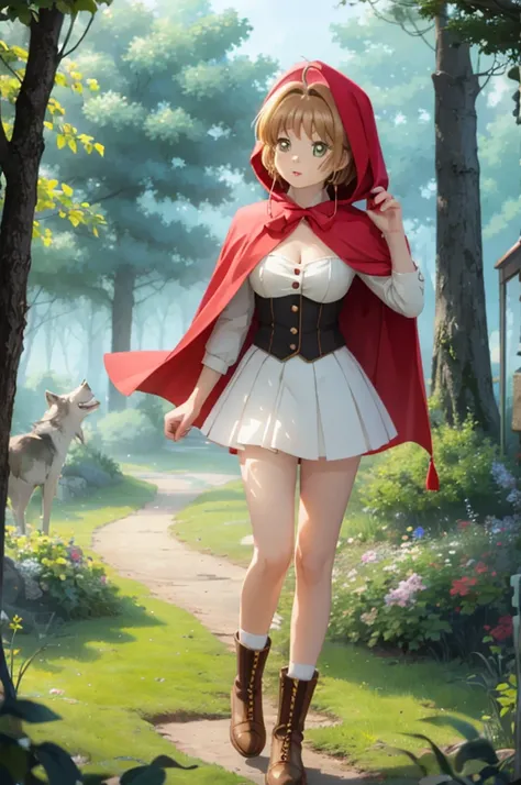 A beautiful girl in a red cape walking in a forest, anime girl, 1 girl, Kinomoto Sakura, (20 years old girl), (aged up), forest, wolf, (wolf in background), dynamic angle, bright eyes, (realistic eyes: 1.2), (beautiful eyes: 1.2), glossy lips, parted lips,...