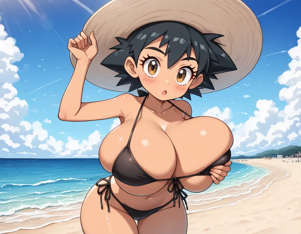 score_9, score_8_up, score_7_up, (((Masterpiece))), (((highres))), (((1girl, solo))), :o, shading, sharp focus, raytracing, 23yo, Ash_Ketchum_\(pokemon\), beach hat, Black hair, ((long lashes)), tan skin, thin waist, wide hips, curvy, enormous breasts, gra...