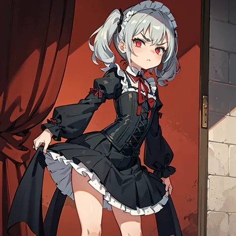 Young girl with gray hair, ((curly and fringed hair)),((short curly pigtails)), curly hair ,(red eyes),((small bushy eyebrows)), wearing gothic lolita clothing, wide loose lolitagotic decorative arm sleeves, corset with red threads, pleated maid's skirt, s...