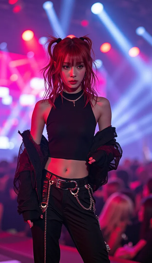 High ponytail with side-swept bangs , cherry red hair , with black outfits , concert, dancing