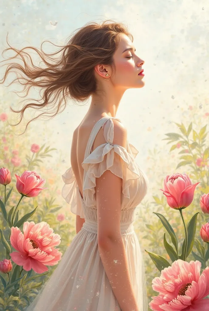 "An elegant young woman in a light spring dress stands among blooming peonies and tulips. Sunlight plays on her face, and the wind gently sways her hair. The atmosphere is full of spring inspiration and joy. Nearby, the graceful inscription 'Boom-Cotton' f...