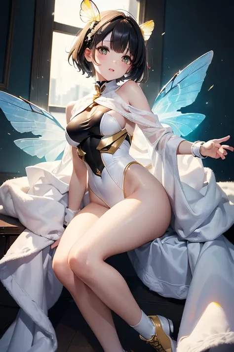 (((((masterpiece))))、((   Unity 8K Wallpaper   、  cinematic light  、 Super Detail、 Top Quality)) 、《Super short cut hair：1.2》、 Android adult woman with fair skin and very beautiful skin、 with bee wings growing on the back  、 Hi-leg Leotard Armor with Black ...