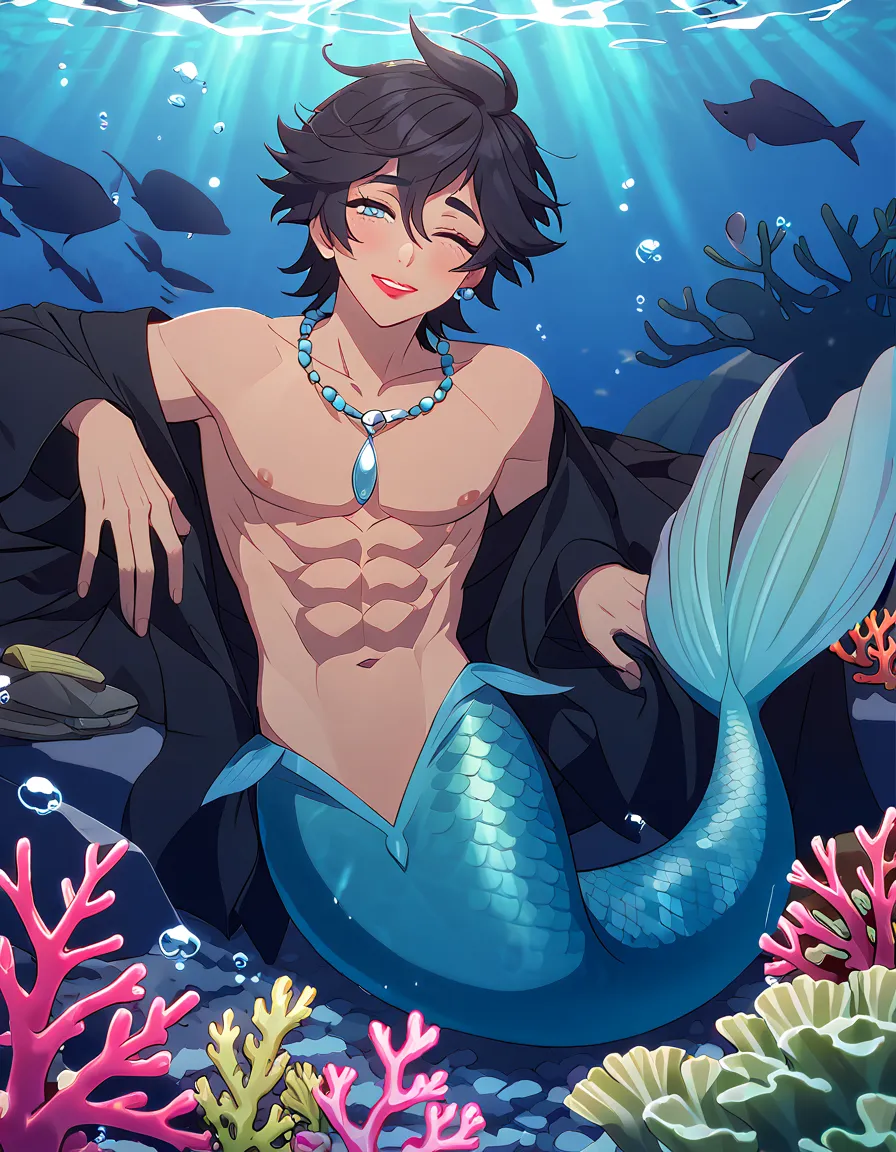 Solo, alone, male merman, tanned skin, green merman, blue eyes, black hair, sea, under deep sea, smile, male chest, abs, pink blush, merman sleep on bed, water bubbles, seaweed, coral, merman wear long sleeve, coral necklace, cry, red lips, clam earings, 