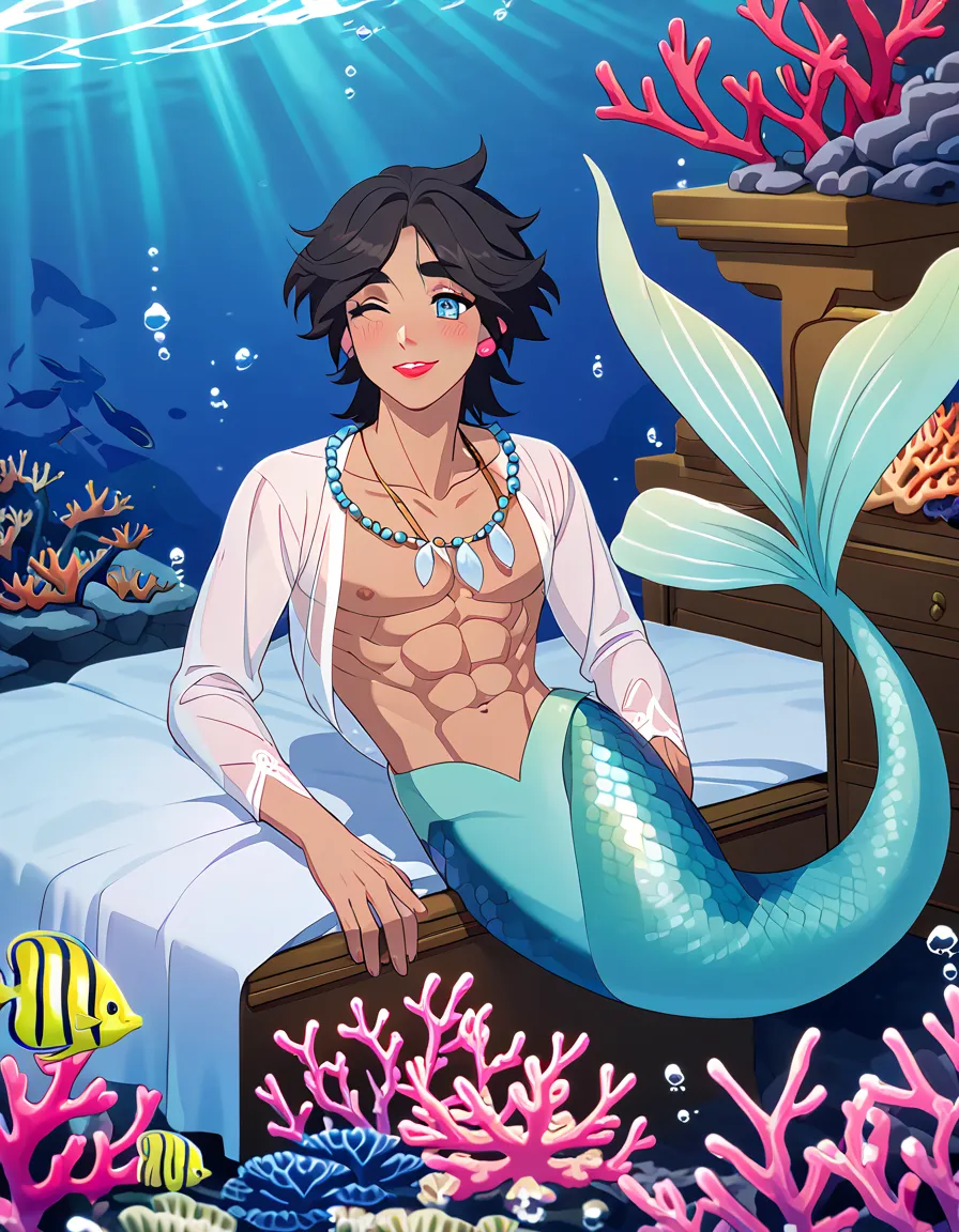 Solo, alone, male merman, tanned skin, green merman, blue eyes, black hair, sea, under deep sea, smile, male chest, abs, pink blush, merman sleep on bed, water bubbles, seaweed, coral, merman wear long sleeve, coral necklace, cry, red lips, clam earings, 