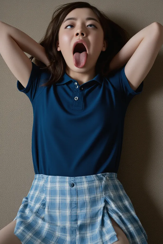 From behind, solo focus, bare skin, nude, girl, eyes closed, sad drunk, drunk l, mouth open, drooling, passed out, (fall asleep), top-down bottom-up, disheveled clothes, skirt lifted, messy hair, soft light, on carpet, topple over, dramatic angle dark blue...