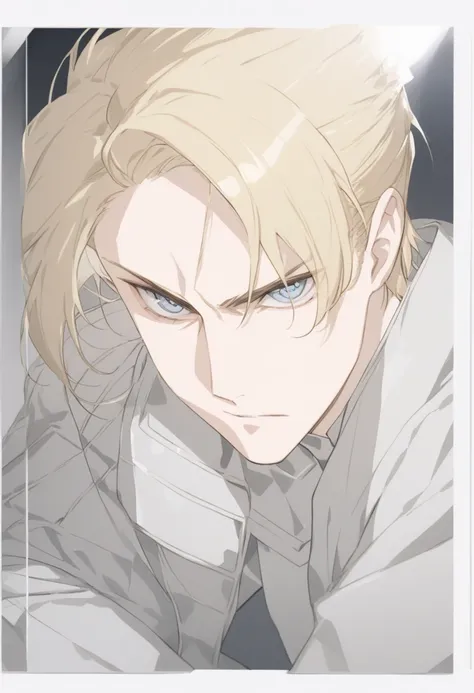 Young, man face, icon, Blue-eyed blond,  hair combed on the side , Serious guy , silver military clothing with buttons 