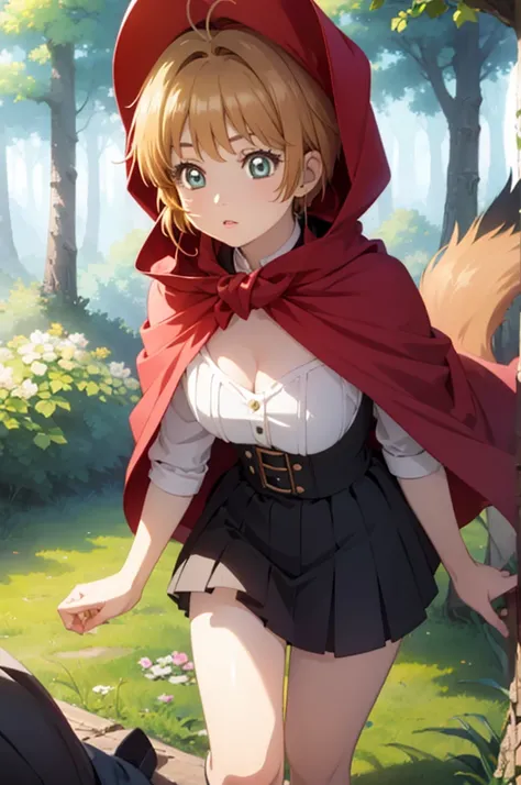 A beautiful girl in a red cape walking in a forest, anime girl, 1 girl, Kinomoto Sakura, (20 years old girl), (aged up), forest, wolf, (wolf in background), dynamic angle, bright eyes, (realistic eyes: 1.2), (beautiful eyes: 1.2), glossy lips, parted lips,...