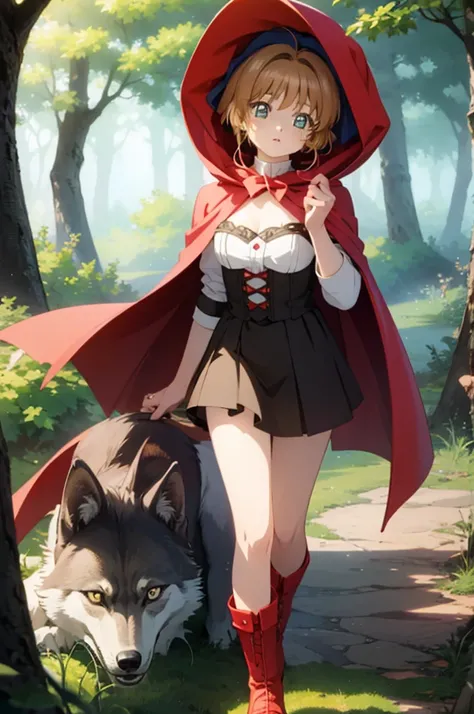 A beautiful girl in a red cape walking in a forest, anime girl, 1 girl, Kinomoto Sakura, (20 years old girl), (aged up), forest, wolf, (wolf in background), dynamic angle, bright eyes, (realistic eyes: 1.2), (beautiful eyes: 1.2), glossy lips, parted lips,...