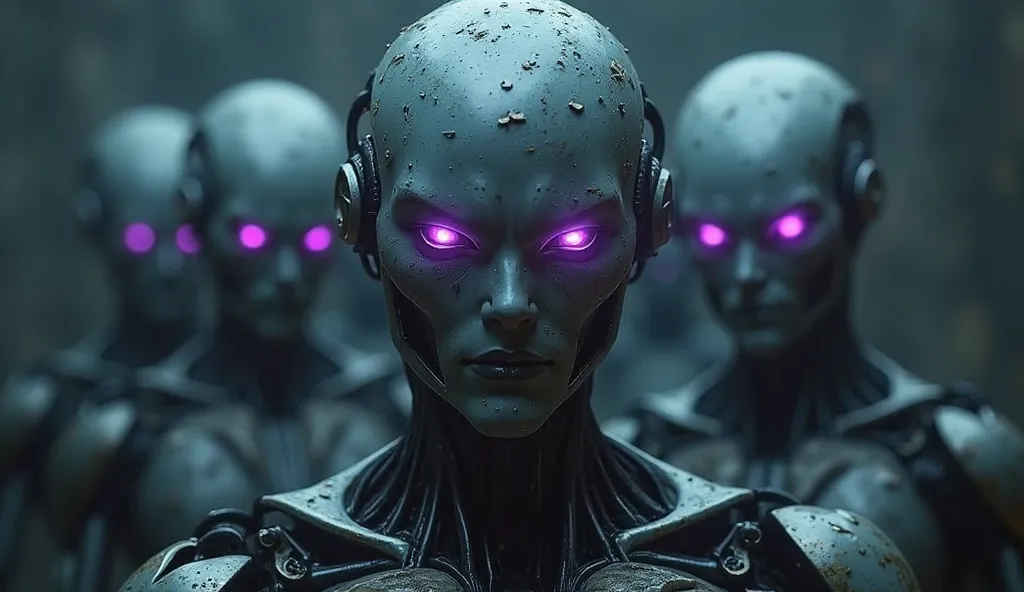 Creation of Artificial Intelligence、Malicious and cruel、Total Humanity Extinction - Looking to the Future、Behind him、There are several humanoids、scary face like a robot、purple rays from the eyes、  dim background